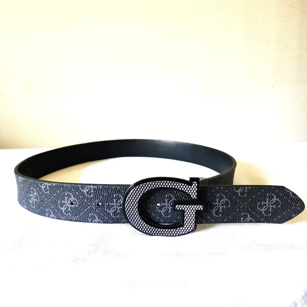 Guess Monogram Logo Belt Mens 32 Grey/Black Excellent Large G Buckle Y2K Vibes